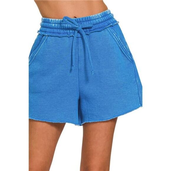 Zenana Acid Wash Fleece Drawstring Shorts With Pockets - Picture 1 of 3